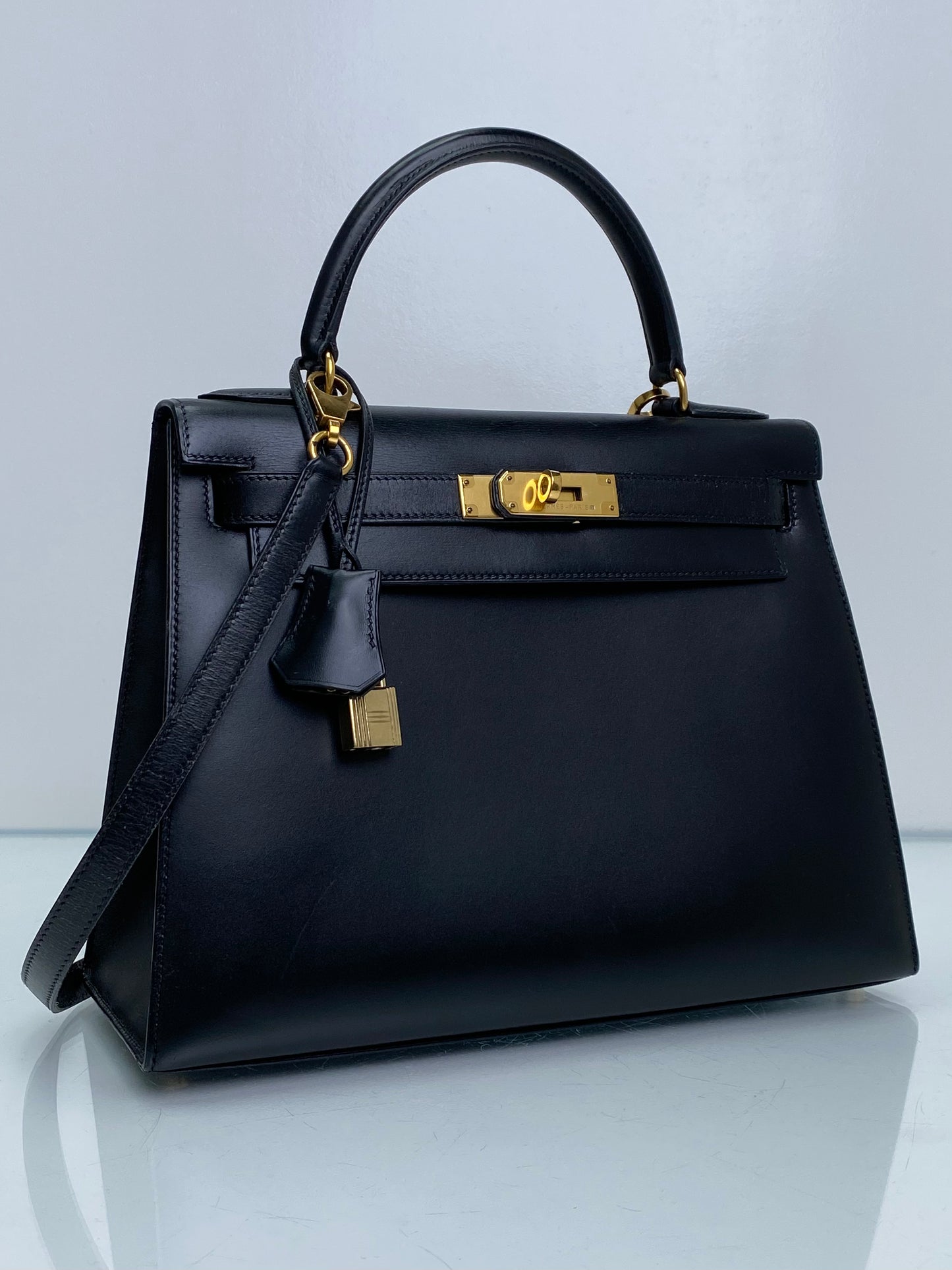 Hermes Kelly 28 Black Box Leather GHW #X
