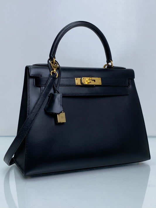Hermes Kelly 28 Black Box Leather GHW #X