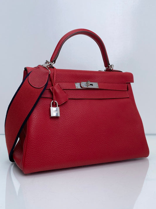 Hermes Kelly 32 Rouge Casaque Togo Retourne PHW w / Canvas Strap #P