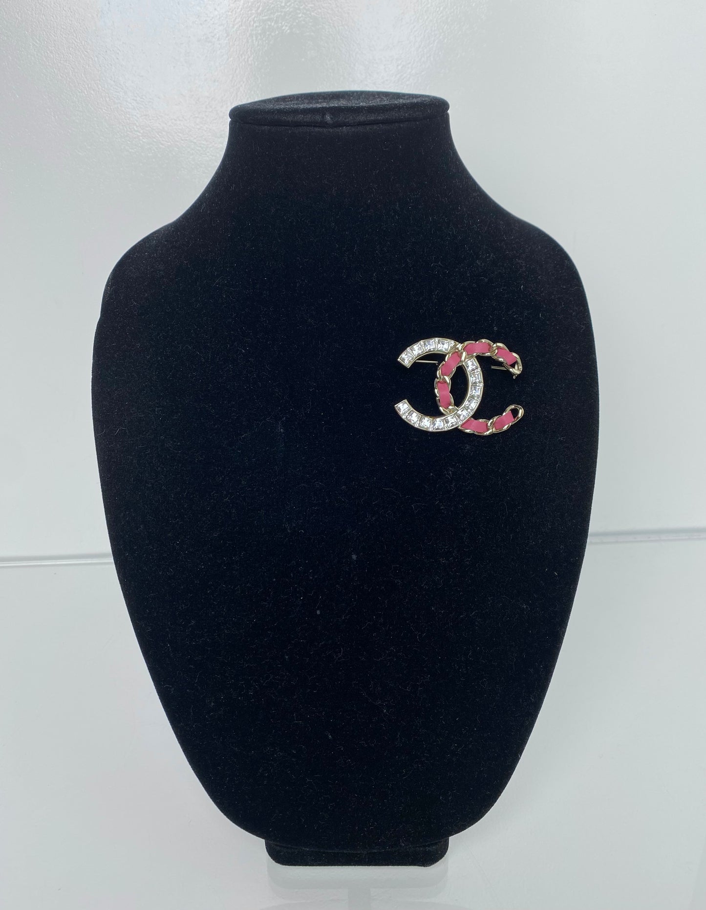 Chanel Brooch Pink Lambskin & Baguette Crystal CC B18K
