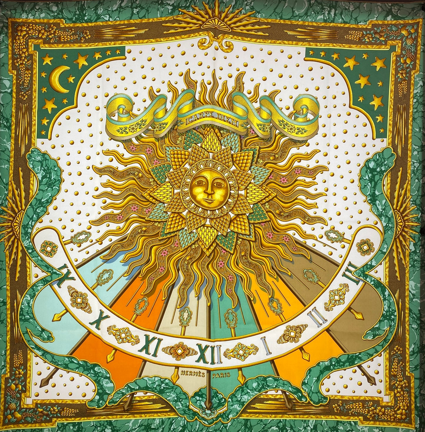 Hermes Green, Gold & Pink Sun Silk Scarf