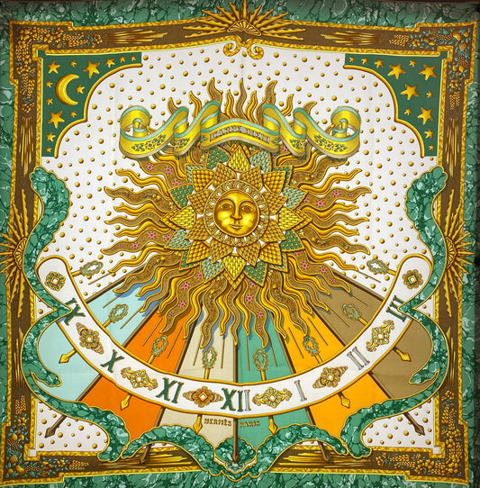 Hermes Green, Gold & Pink Sun Silk Scarf