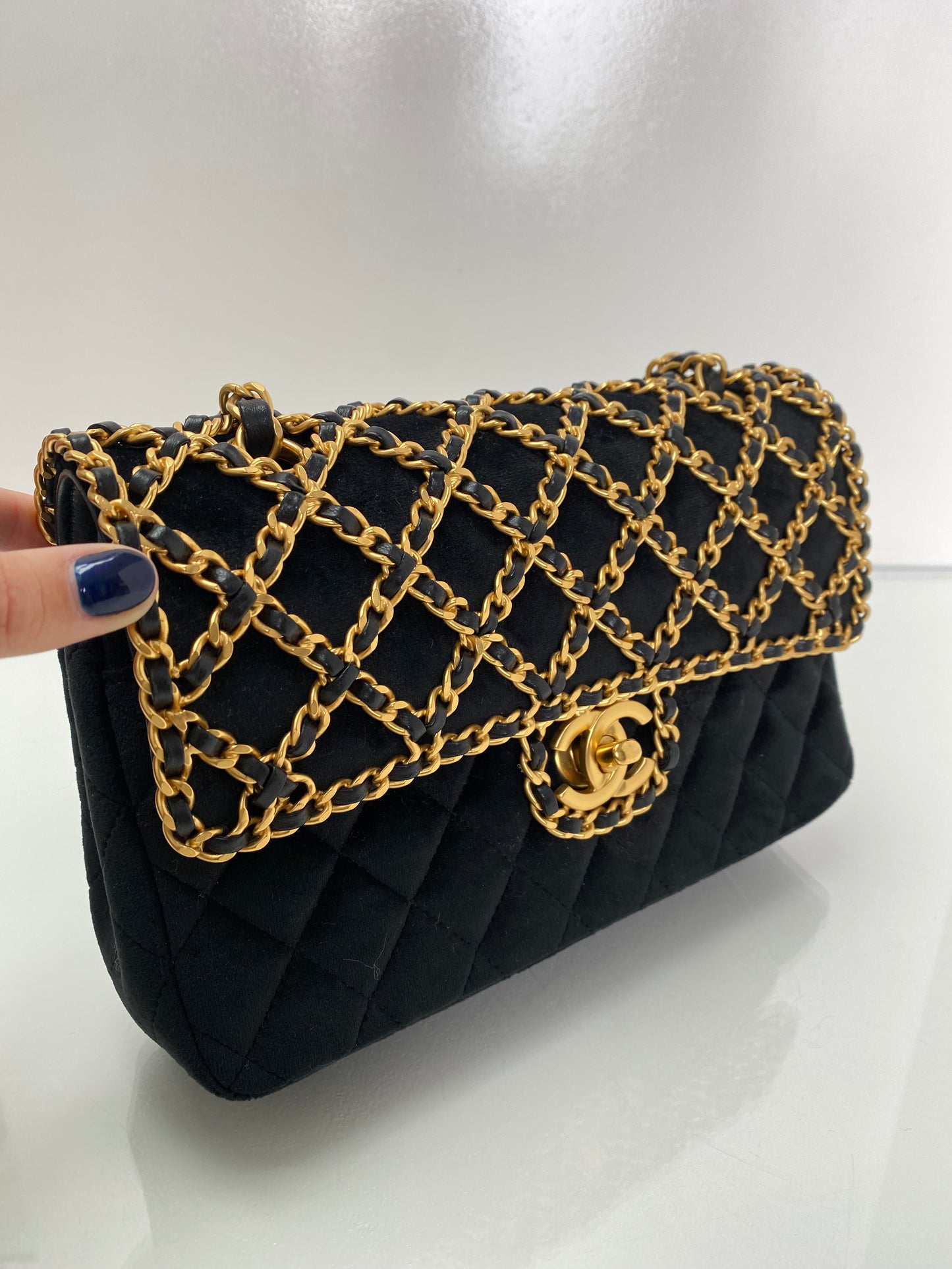 Chanel Black & Gold Velvet Double Flap Timeless Chained Bag GHW