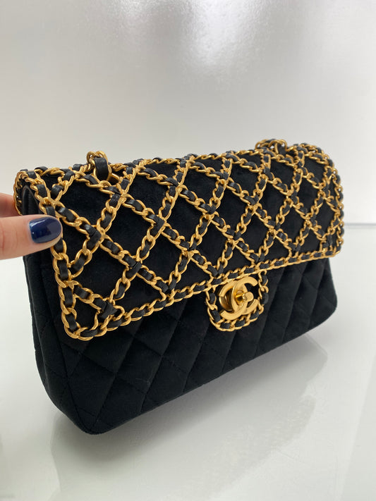 Chanel Black & Gold Velvet Double Flap Timeless Chained Bag GHW