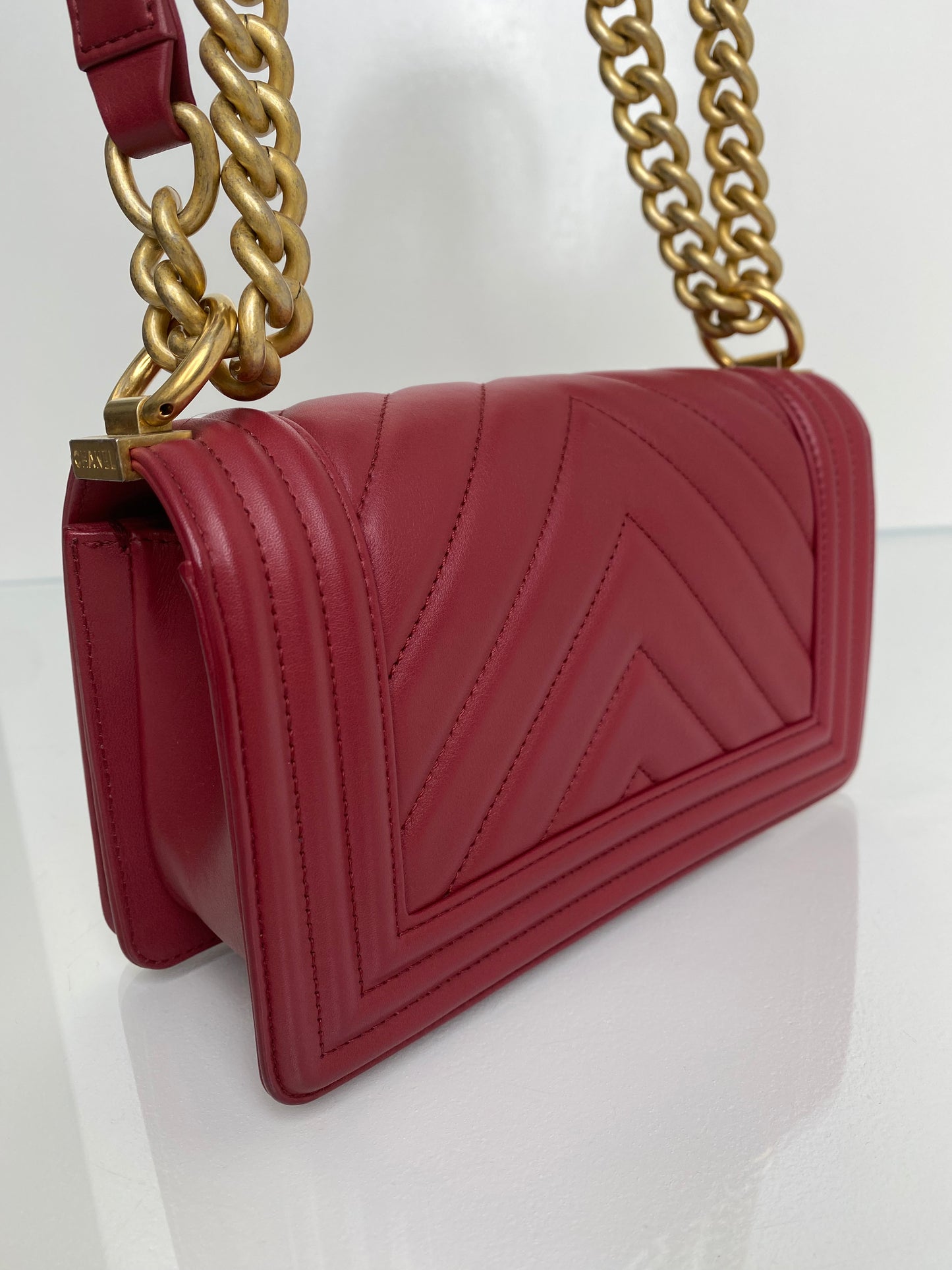 Chanel Boy Bag Red Lambskin Chevron Small GHW
