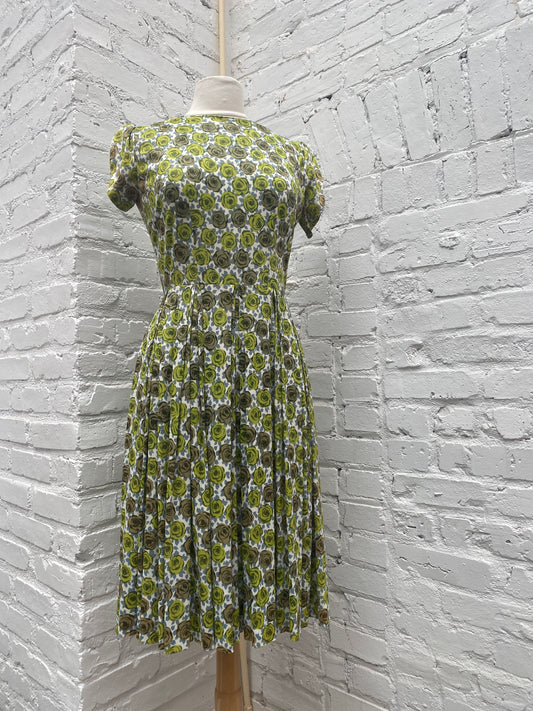 1960’s Lime Green & Grey Floral Print Dress, S