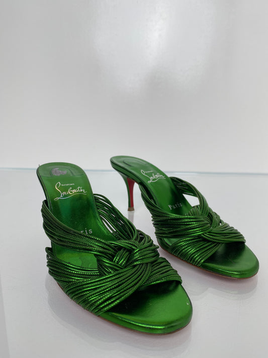 Christian Louboutin Green Metallic Knotted Kitten Heels, 36.5
