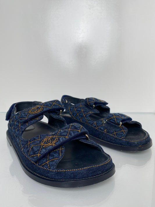 Chanel Denim Quilted CC Logo Dad Sandals, 41.5