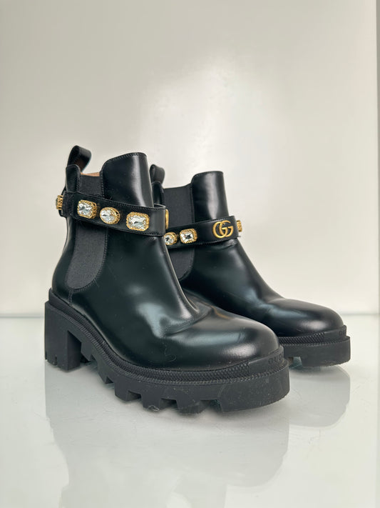 Gucci GG Black Magnum Chelsea Boots w/Crystals, 39.5