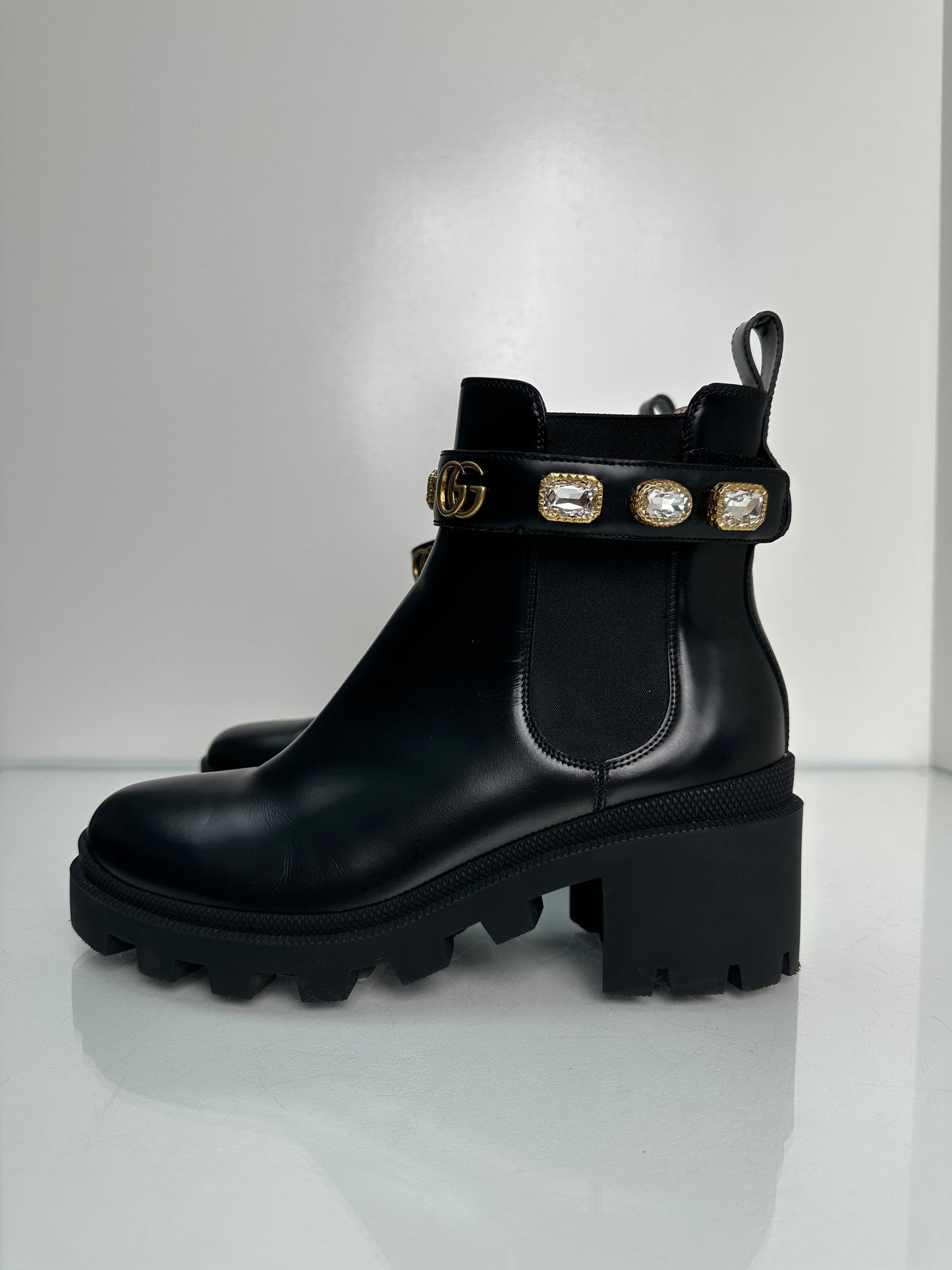 Gucci GG Black Magnum Chelsea Boots w/Crystals, 39.5