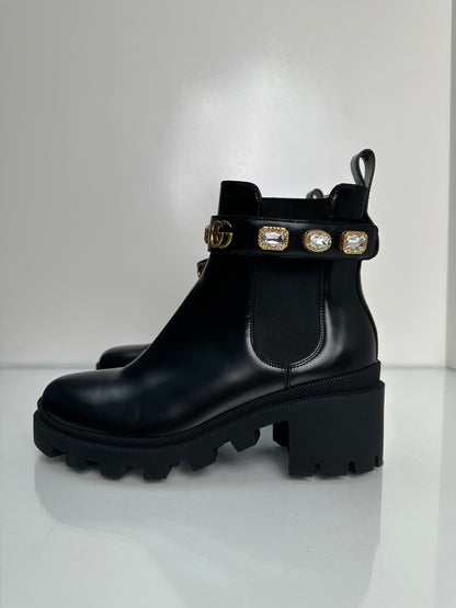Gucci GG Black Magnum Chelsea Boots w/Crystals, 39.5