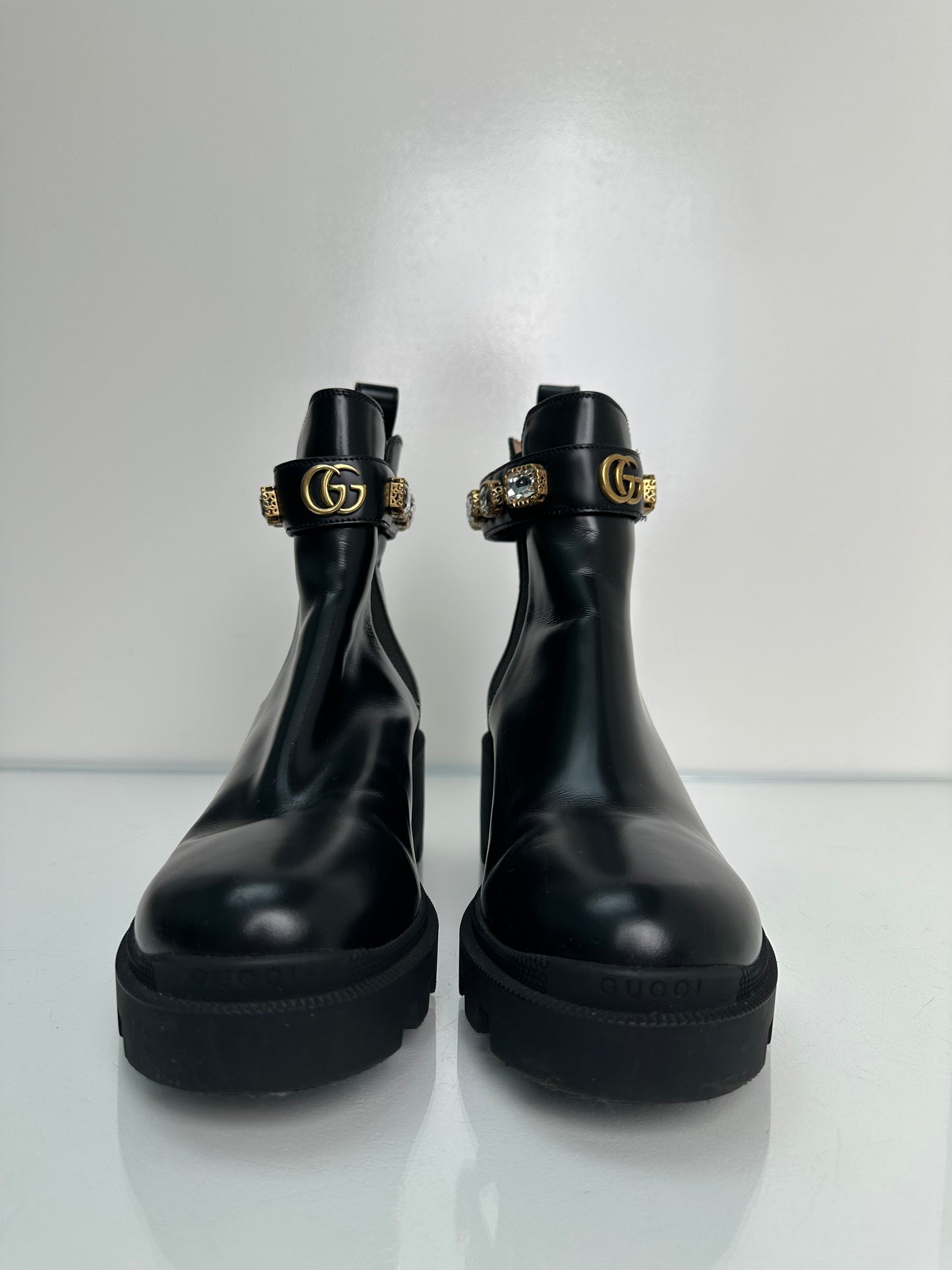 Gucci GG Black Magnum Chelsea Boots w/Crystals, 39.5