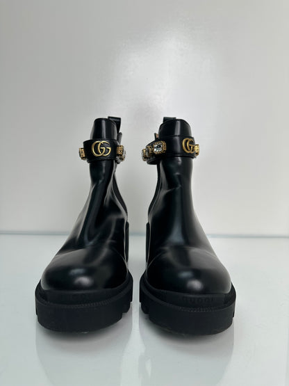 Gucci GG Black Magnum Chelsea Boots w/Crystals, 39.5