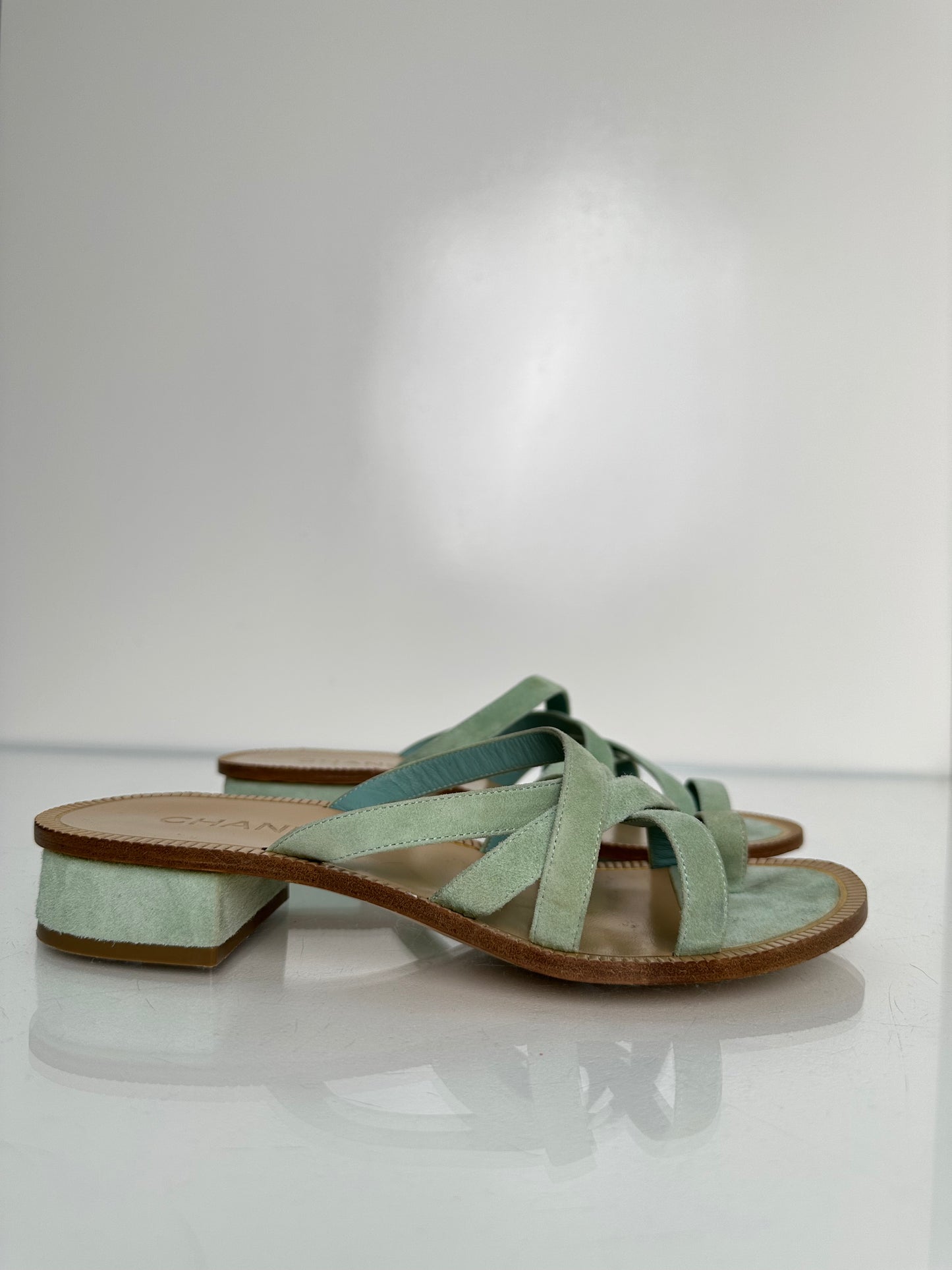 Chanel Light Green Sede Calfskin Sandals, 38