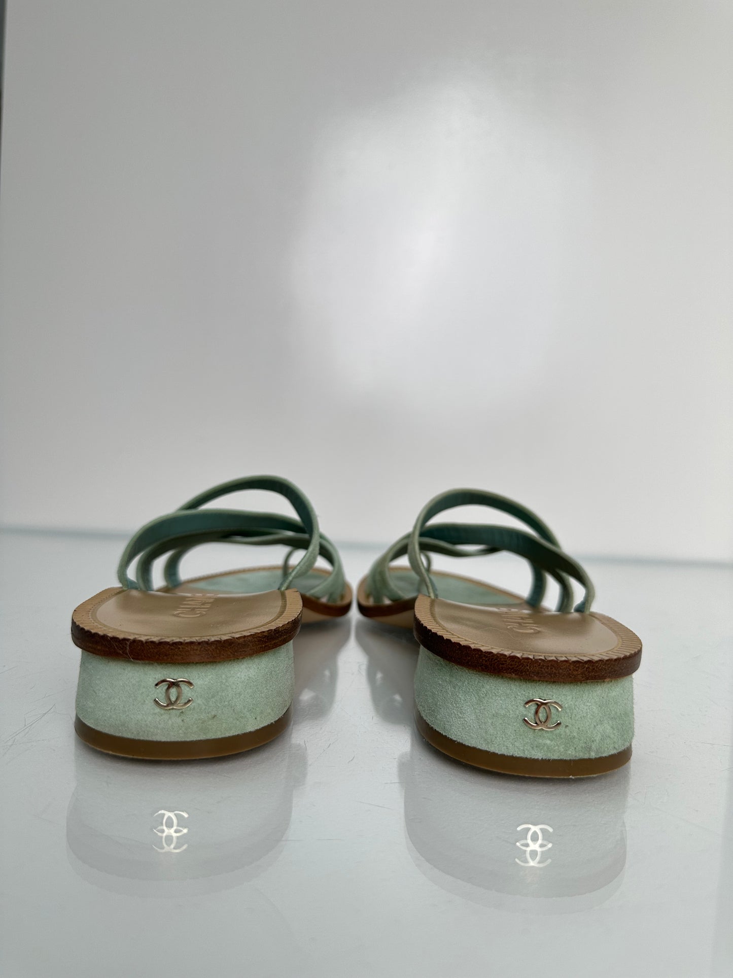 Chanel Light Green Sede Calfskin Sandals, 38