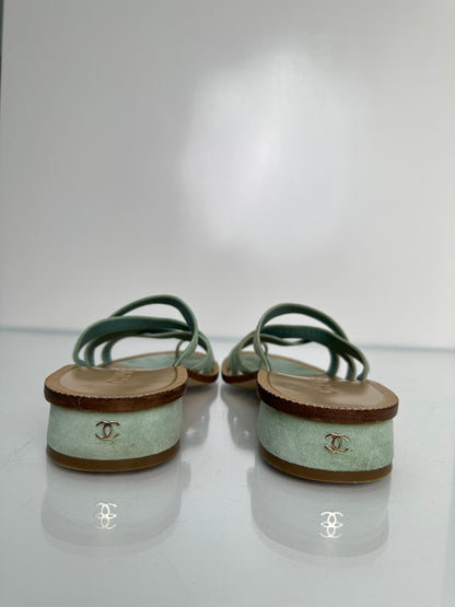 Chanel Light Green Sede Calfskin Sandals, 38