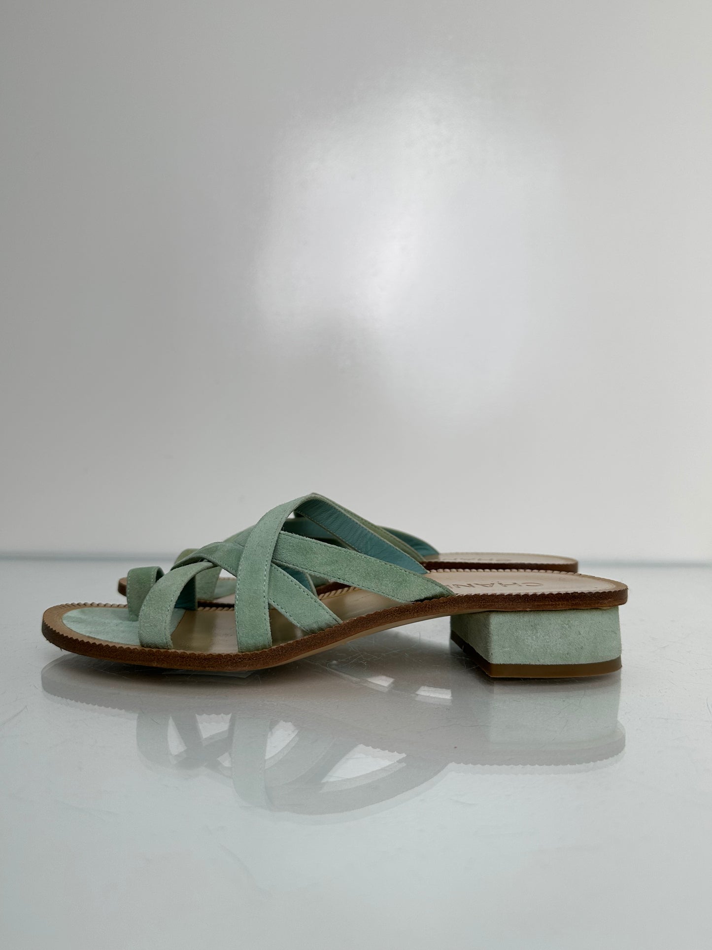 Chanel Light Green Sede Calfskin Sandals, 38