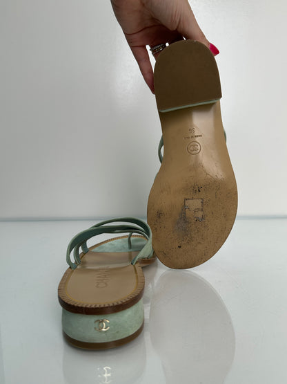 Chanel Light Green Sede Calfskin Sandals, 38