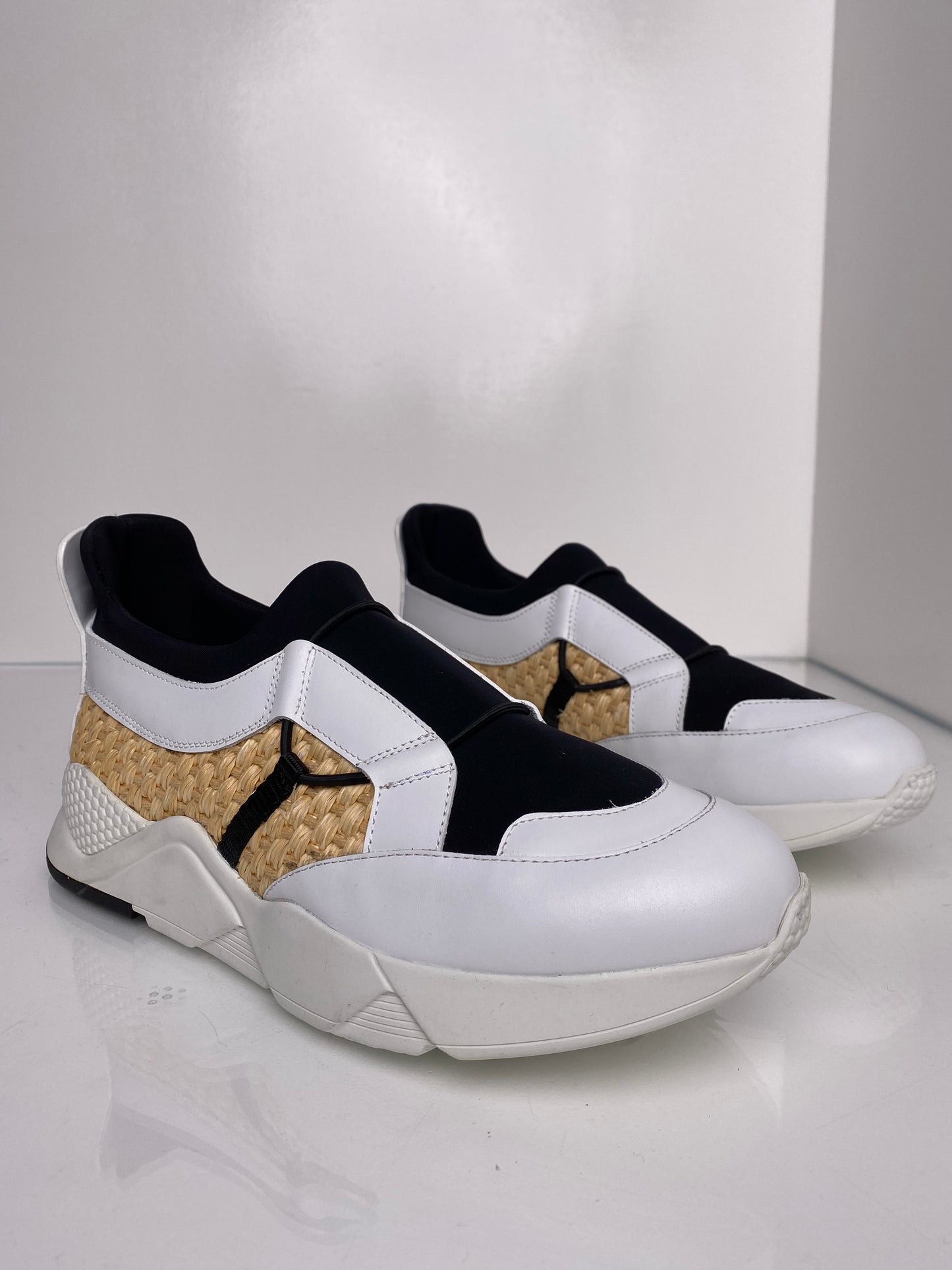 Clergerie White & Black & Tan Woven Sneakers, W 10.5 M 8.5