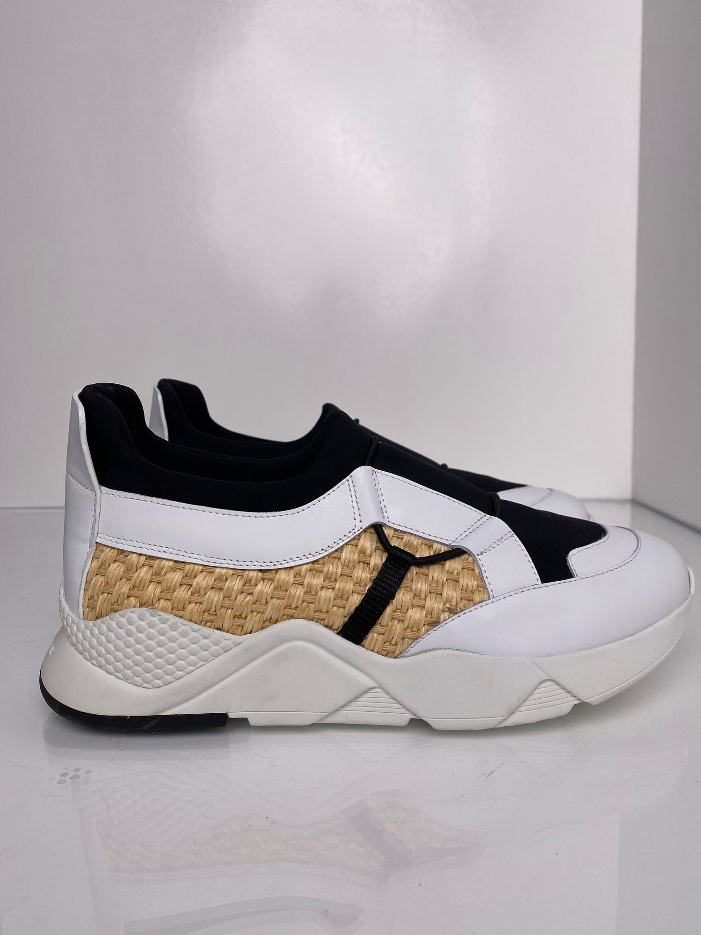 Clergerie White & Black & Tan Woven Sneakers, W 10.5 M 8.5