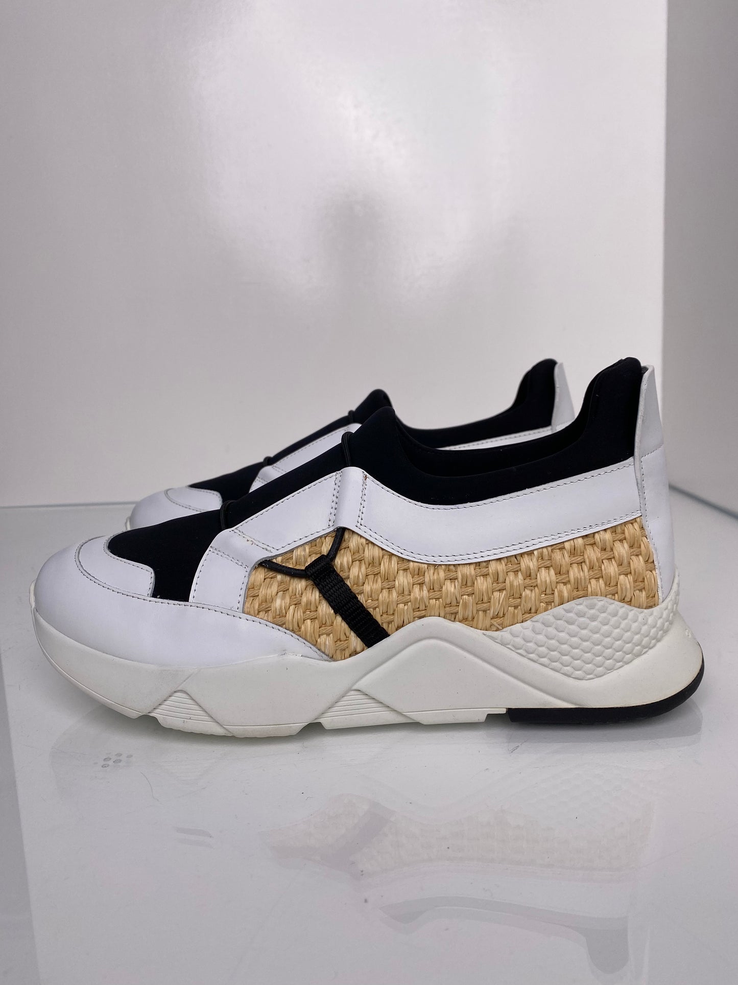 Clergerie White & Black & Tan Woven Sneakers, W 10.5 M 8.5