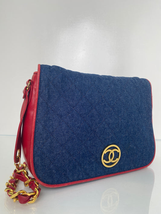 Chanel Blue & Red Denim & Leather Crossbody GHW