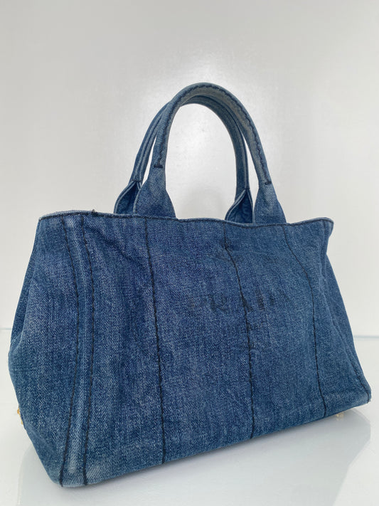 Prada Blue Denim Canapa Tote Bag GHW (As Is)