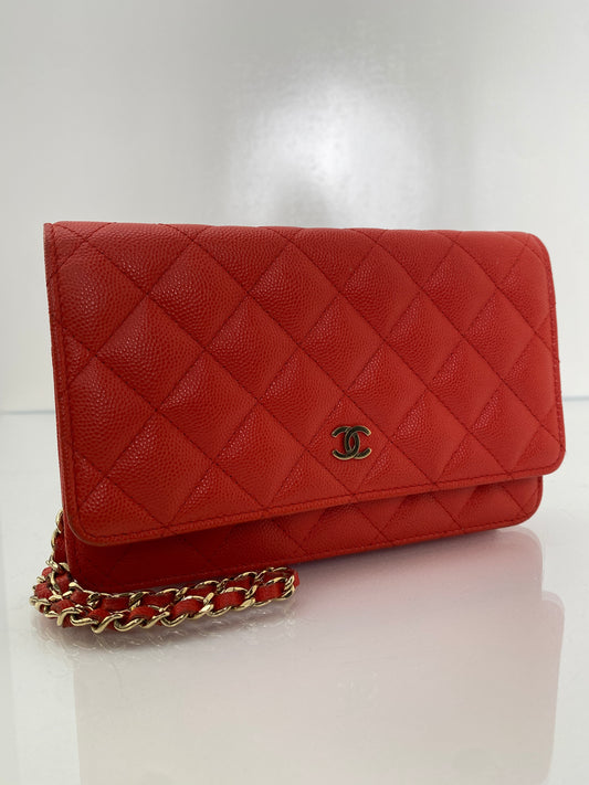 Chanel Orange Poppy Caviar Wallet on Chain LGHW