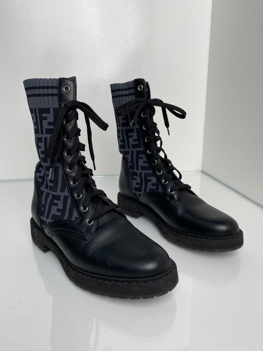 Fendi Black Zucca Combat Boots, 38