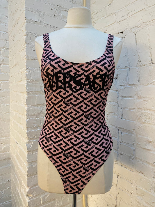 Versace Pink & Black Greca Bodysuit, M