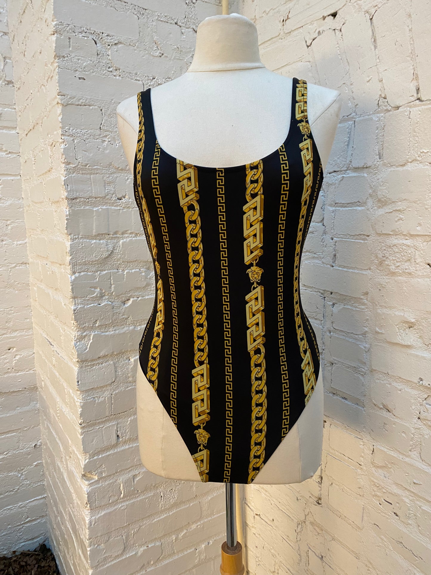 Versace Black & Gold Greca Border Bodysuit, M