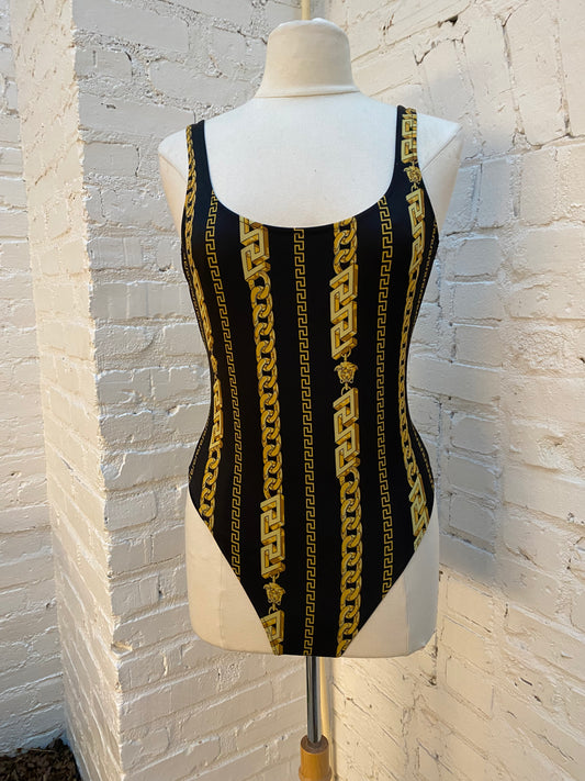 Versace Black & Gold Greca Border Bodysuit, M