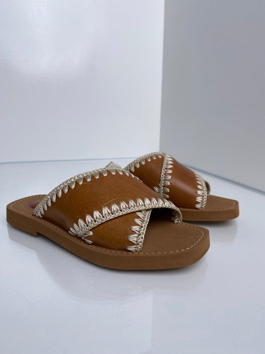 Chloe Woody Crossover Leather & Embroidered Slides, 36