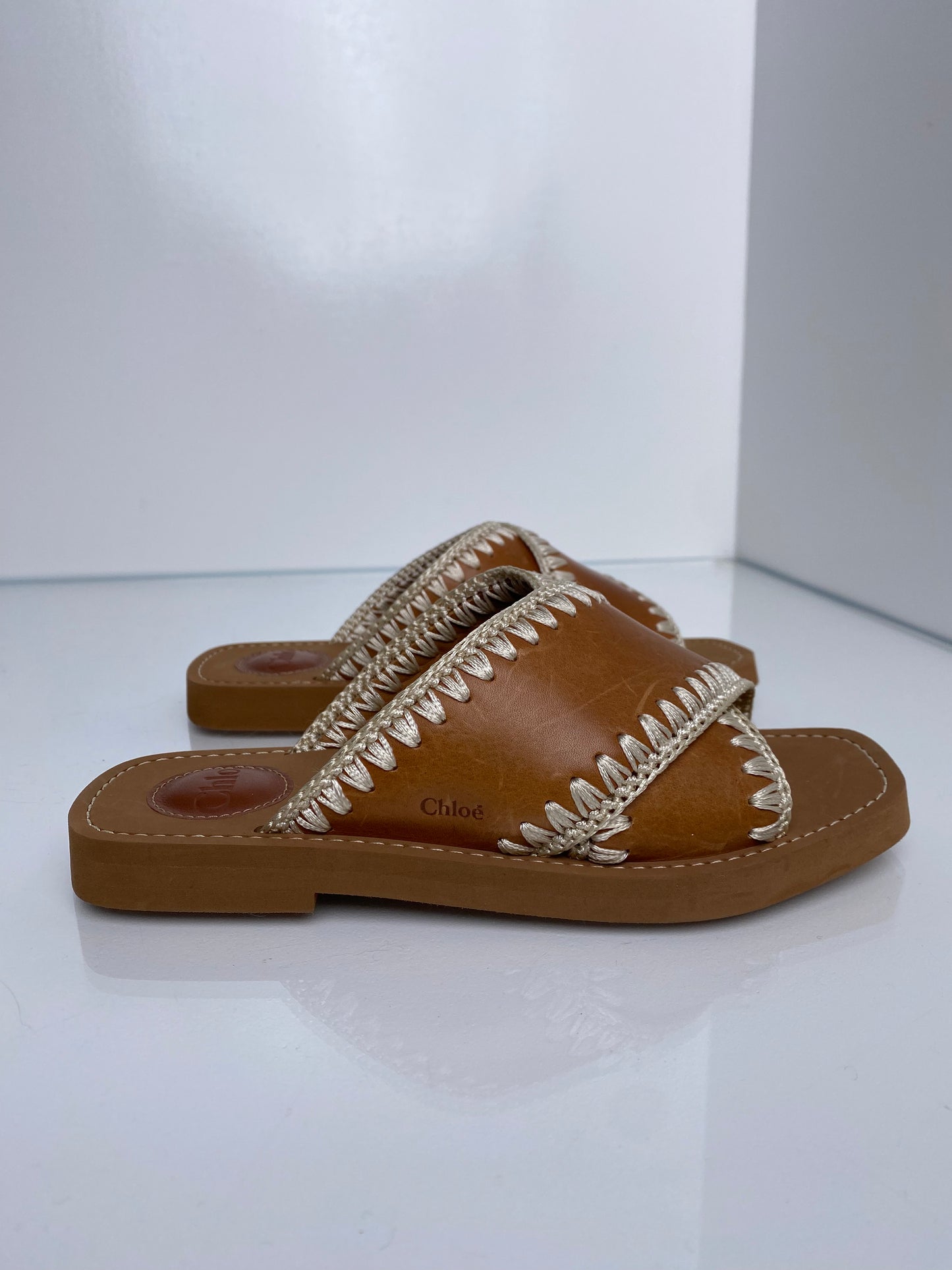 Chloe Woody Crossover Leather & Embroidered Slides, 36