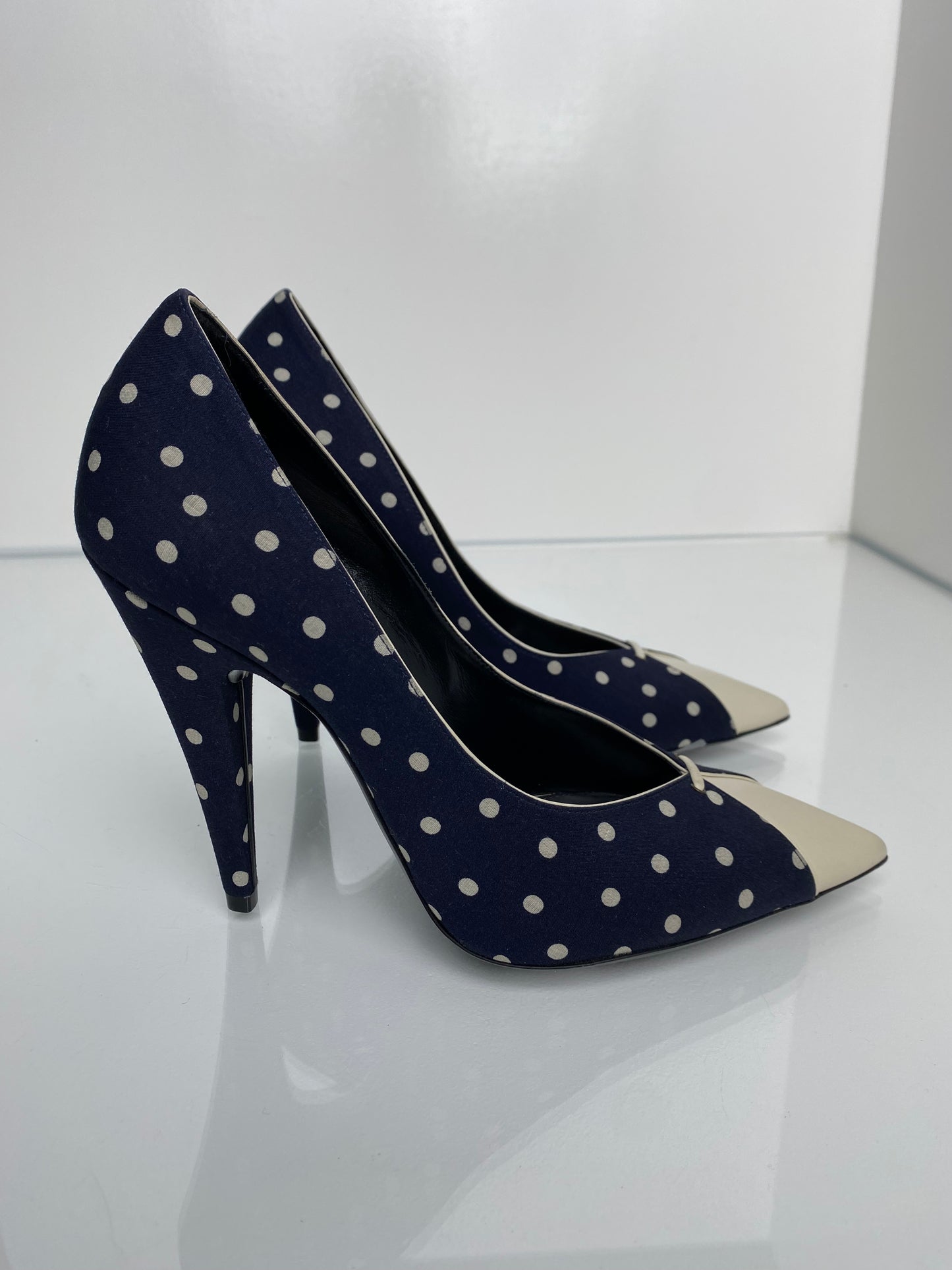 Saint Laurent Lola Navy & Cream Polka Dot Heels, 39