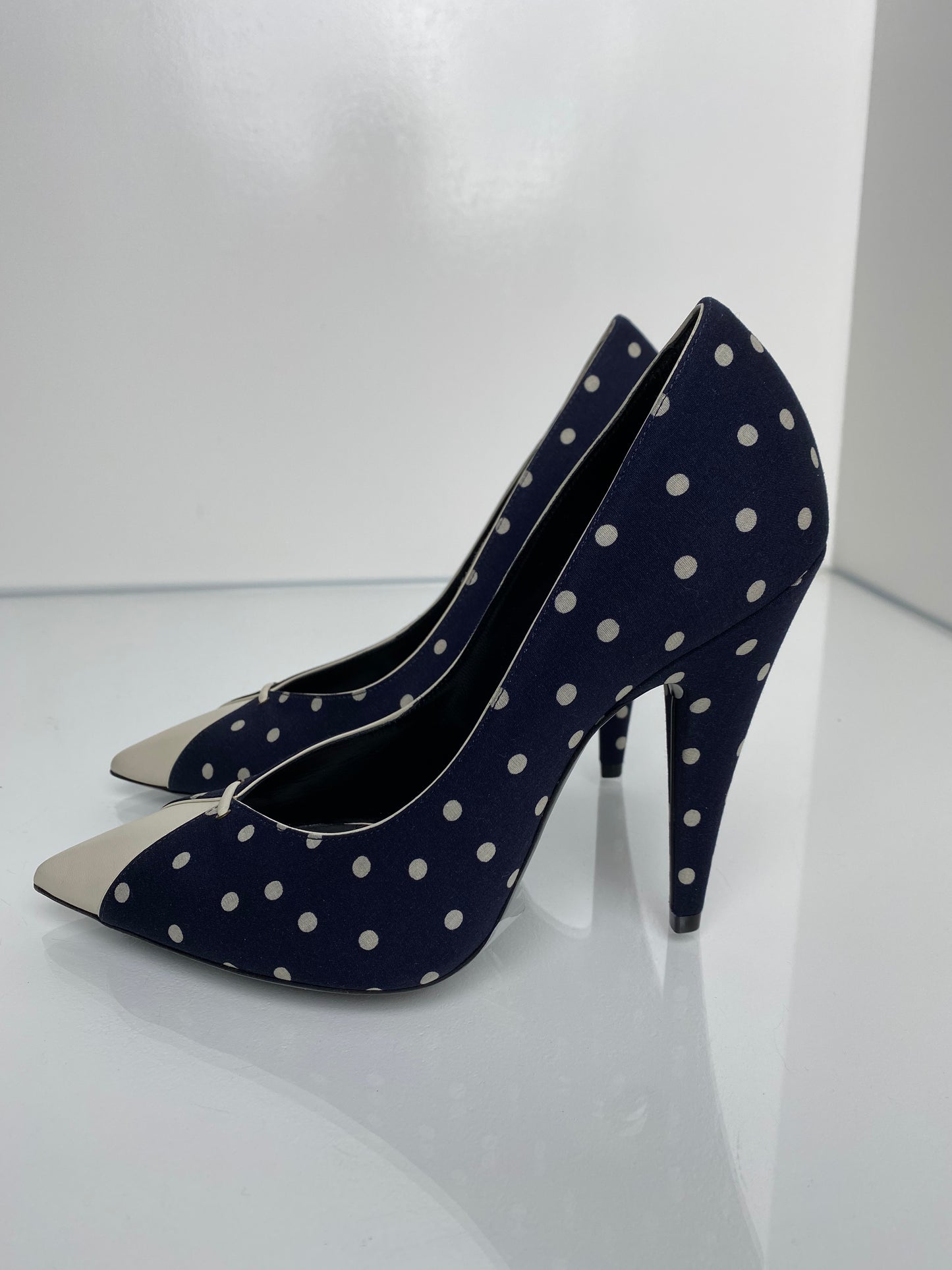 Saint Laurent Lola Navy & Cream Polka Dot Heels, 39