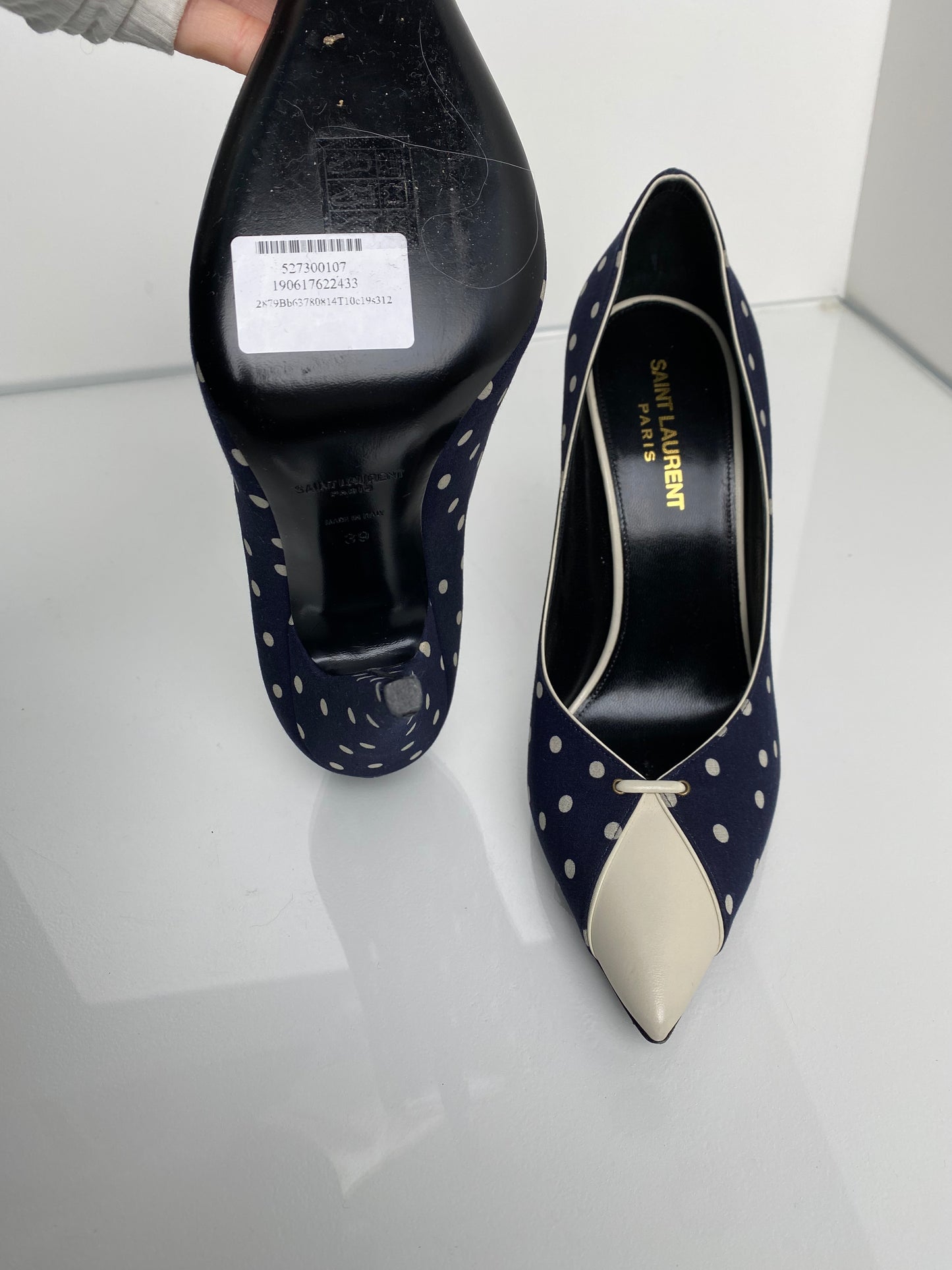 Saint Laurent Lola Navy & Cream Polka Dot Heels, 39