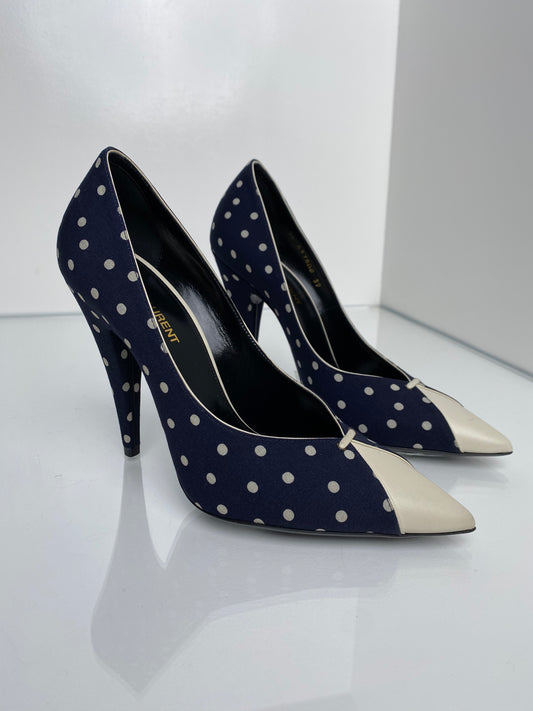 Saint Laurent Lola Navy & Cream Polka Dot Heels, 39