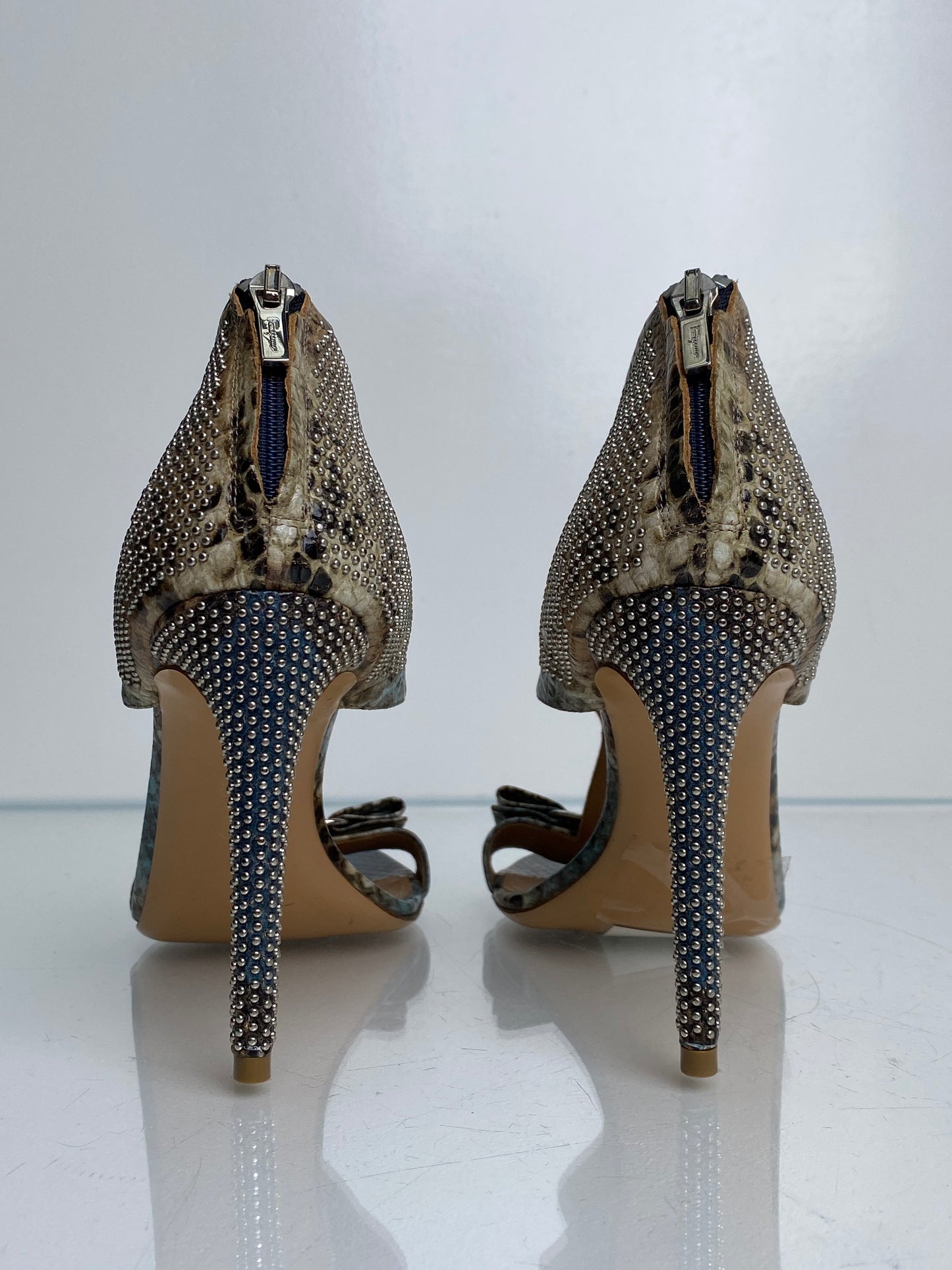 Salvatore Ferragamo Snakeskin Studded Heels, 8.5