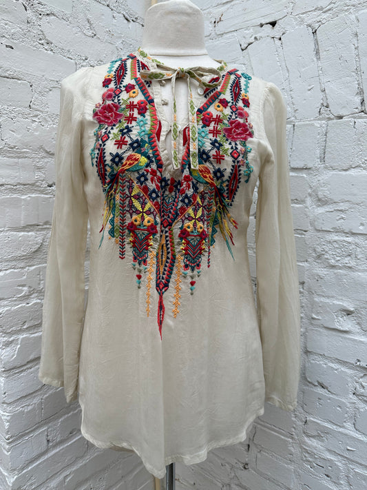 Johnny Was Cream Embroidered Blouse, XS