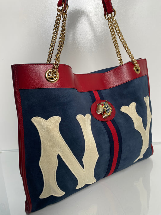 Gucci Raja Navy Suede “NY” Tote Bag GHW