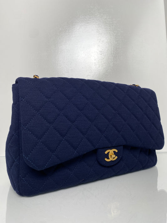 Chanel Navy Blue Quilted Jersey XL Maxi Single Flap Bag SHW