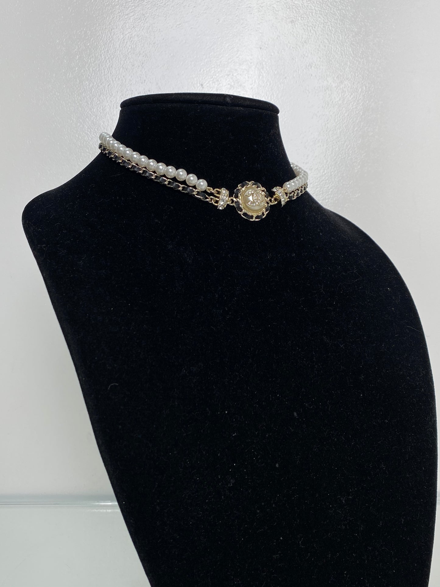 Chanel Black, White, & Silver Double Chain Glass Pearl & Leather Choker