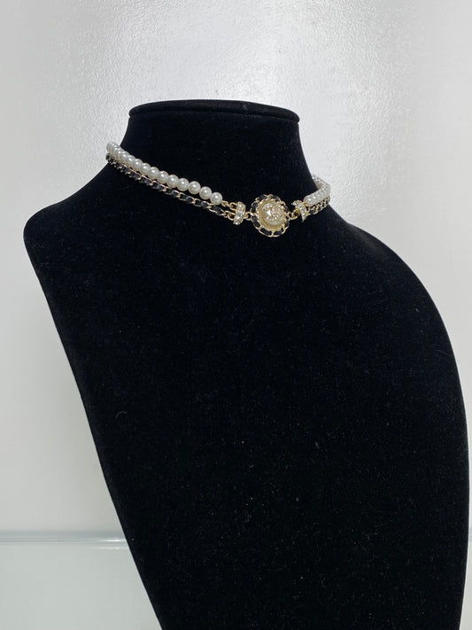 Chanel Black, White, & Silver Double Chain Glass Pearl & Leather Choker