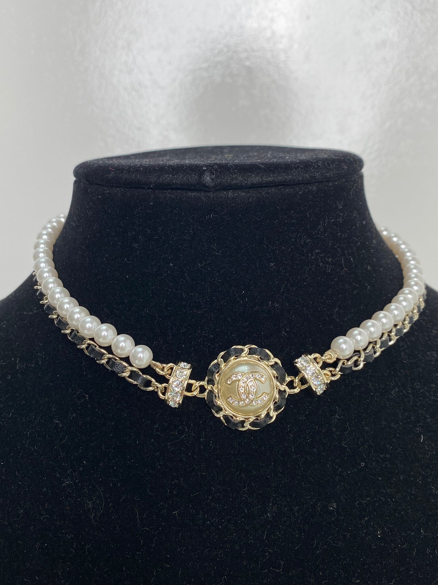 Chanel Black, White, & Silver Double Chain Glass Pearl & Leather Choker