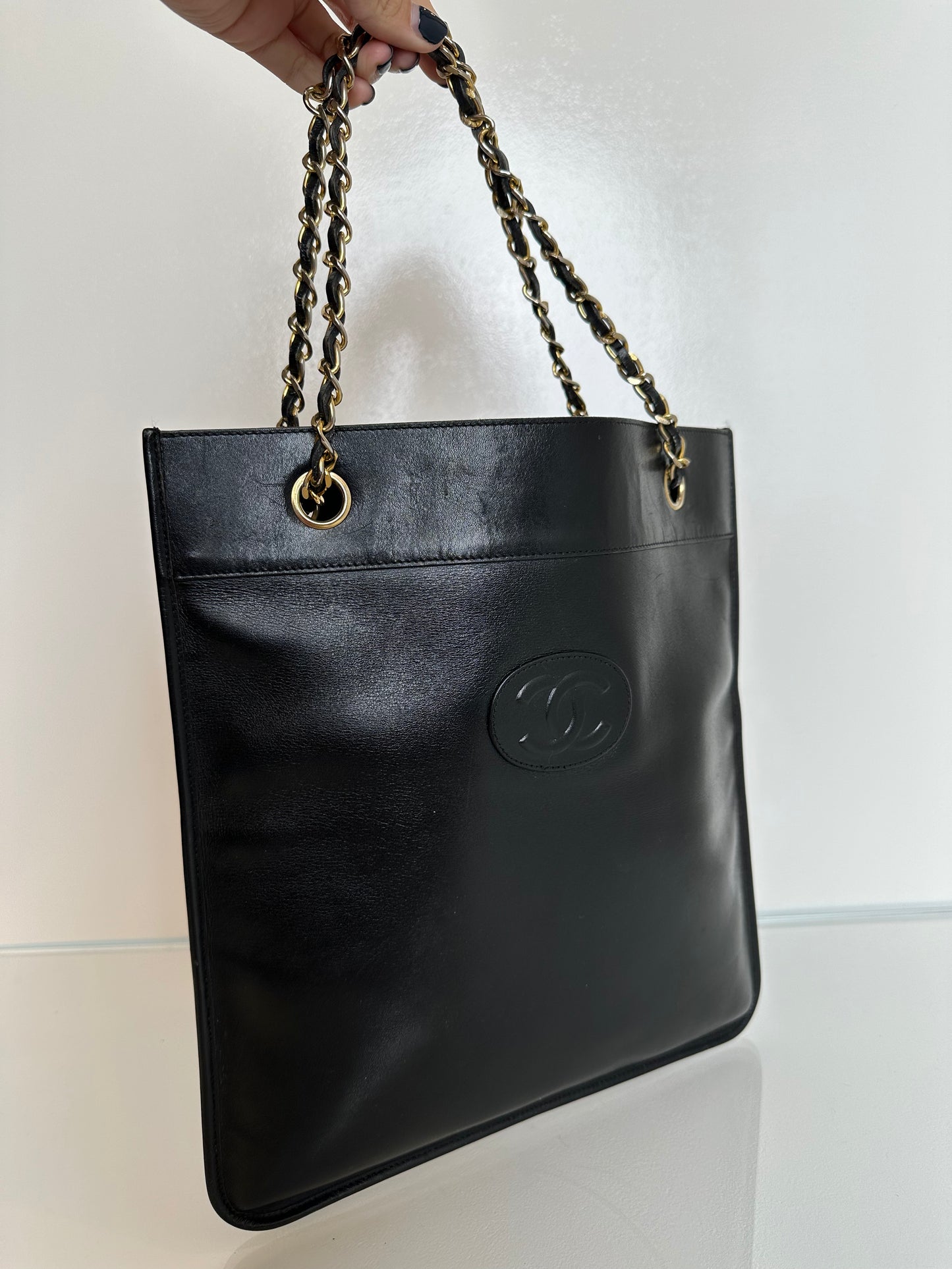 Chanel Vintage Black Flat Tote Bag GHW