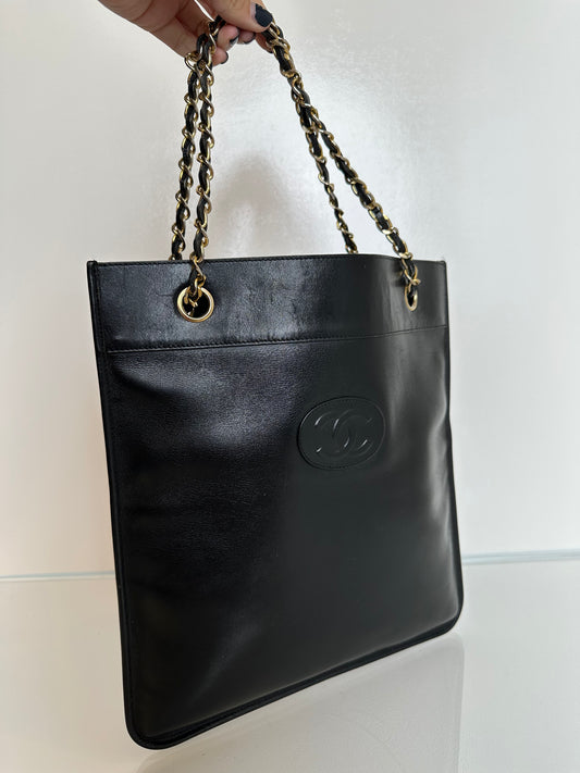 Chanel Vintage Black Flat Tote Bag GHW