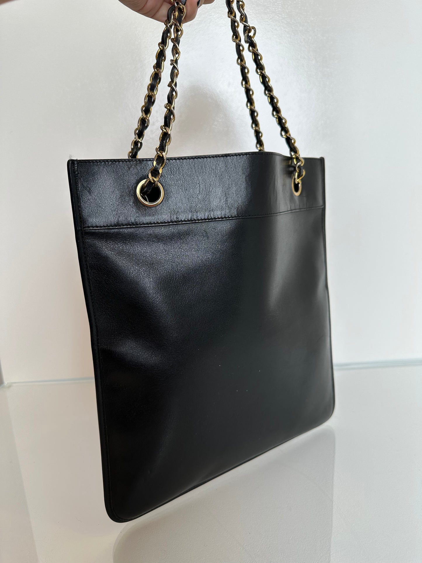 Chanel Vintage Black Flat Tote Bag GHW