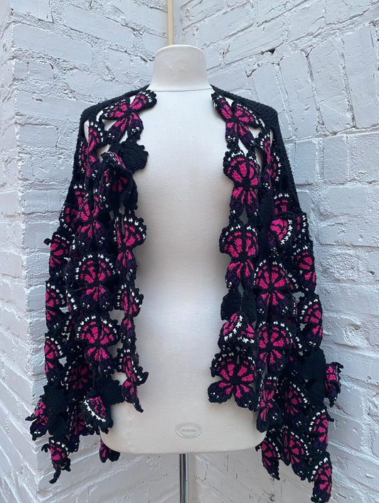 Doublet Black, Pink, & Purple Hand Knit Crochet Butterfly Cardigan, OS
