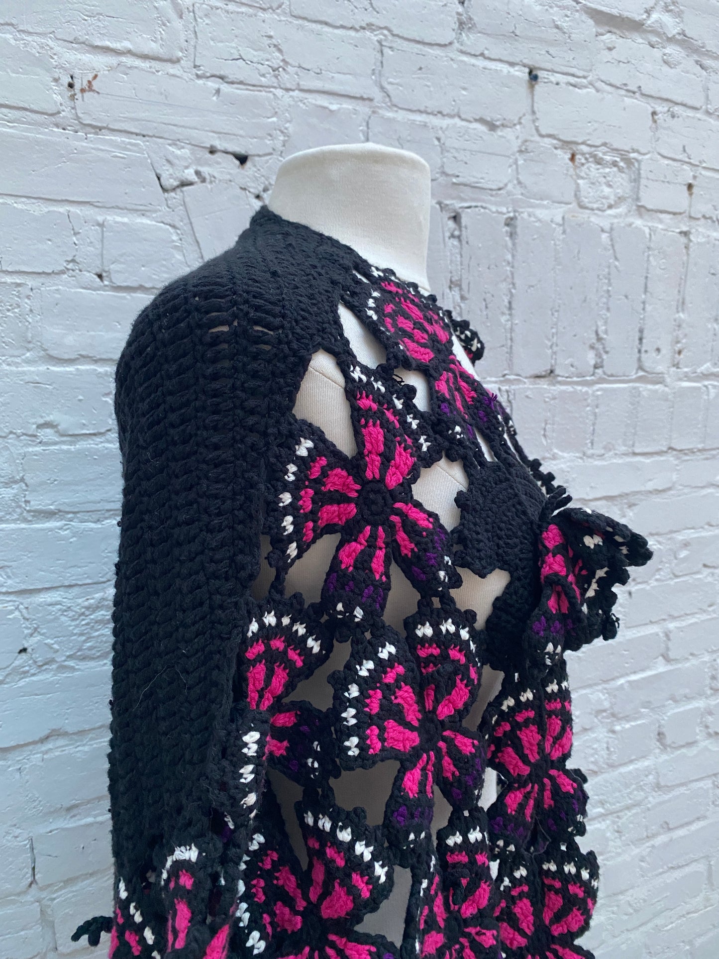 Doublet Black, Pink, & Purple Hand Knit Crochet Butterfly Cardigan, OS